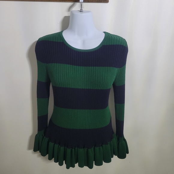 Ann Taylor Sweaters - NWT Ann Taylor Striped Rib-Knit Top with Ruffle Hem - Emerald and Navy Size M